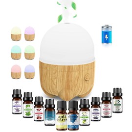 Tucorresi Difusor de Aceites Esenciales con 10 Aceites Esenciales: Difusor de Aromas con 7 Colores Luces LED Silencioso Humidificador Portátil para Aromaterapia para Casa y Oficina (Madera Amarilla)