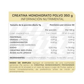 PROWINNER | Creatina Monohidrato, Suplemento Alimenticio, Creatina Monohidrato 100%Pura Micropulverizada con Fructosa y Ácido Alfa Lipóico, 5.96 g de Creatina por Porción, Pre entreno, Bolsa de 350g