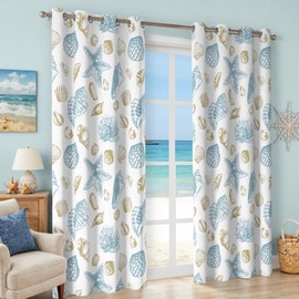 Coastal Beach Curtains Decorative Nautical Seashell Starfish Grommet Drapes Themed Thermal Insulating 50% Light Blocking Window Curtain 63 Inch Length for Living Room, Bedroom 2 Panels, 52x63 Inches