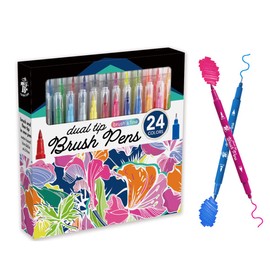 24 Colours Felt Tip Pens, Thick and Thin, Dual Brush Pen for Children and Adults, Double Tip Colouring Pens, Brush Pens Set for Bullet Journal, Colouring Books, Hand Lettering, Manga