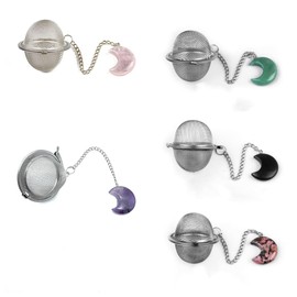 5 Pcs Reusable Stainless Steel Mesh Tea Strainers with Moon Reiki Crystal Stone Pendant Loose Leaf Tea Ball Infuser Filter for Brewing Spices, Seasoning