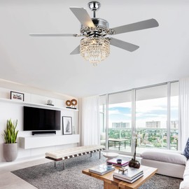 52 Inch Crystal Ceiling Fan Fandelier, Reversible Ceiling Fan with Lights and Remote, Crystals, Silent Motor, 5 Blades, 3 Speeds, Modern Chandelier fan Light Kit for Bedroom Kitchen Chrome, Chrome-16