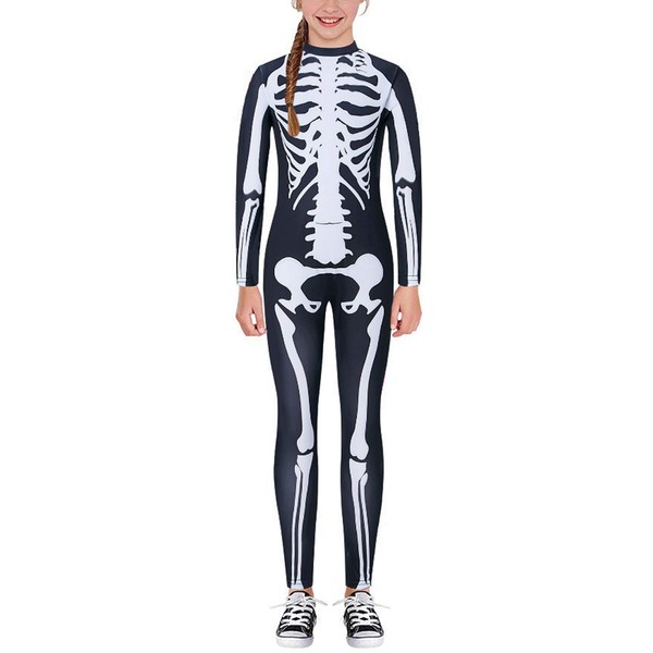 RAISEVERN Halloween Skeleton Bodysuit Kids Black and White Zombie Jumpsuit Stretch Bodycon Bones Full Body Suit for Girls Boys Skull Outfit 7-8T