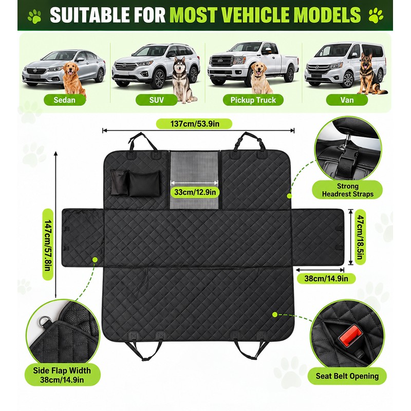 Dog Car Seat Cover for Back Seat – Waterproof Polyester