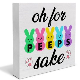 Easter Home Decor, Rustic Oh for Peeps Sake Wood Sign Easter Decorations Tabletop Shelf Desk Home Decor, 5 X 5 Inches