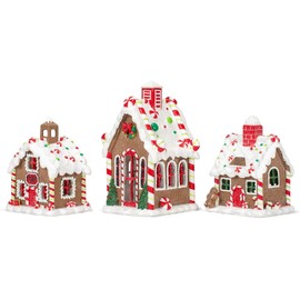 Mark Feldstein & Associates Gingerbread Village Red 6 inch Porcelain Holiday Tea Light Figurines Set of 3