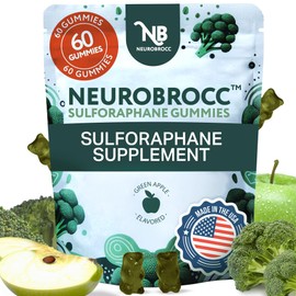 NeuroBrocc Sulforaphane Supplement Gummies - Potent Broccoli Sprout Extract Supplement - 60 Vegan Friendly Green Apple Flavored Gummies for Kids and Adults