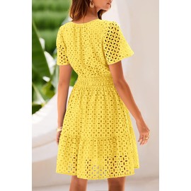 PRETTYGARDEN Womens 2025 Summer Short Dress V Neck Short Sleeve A Line Hollow Out Lace Ruffle Cute Casual Beach Party Dresses (Yellow,Small)