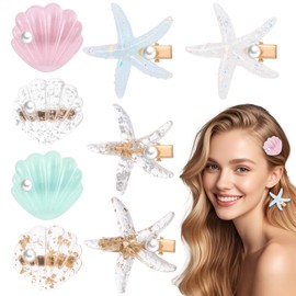 8pcs Starfish Sea Shell Hair Clips, Princess Pearl Starfish Hair Clip Set Resin Artificial Mermaid Costume Hairpin, Mermaid Hair Accessories for Women Girls, Beach Seashell Hair Clips Headwear Styling