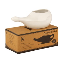HealthGoodsIn Ceramic Neti Pot, Dishwasher Safe, for Nasal Cleansing + 5 Sachet Neti Salt, Without Handle (White)
