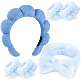 Zkptops Juego de 6 Diademas de Spa para Lavarse La Cara, Muñequeras para Mujer con Burbujas de Maquillaje, Esponja de Tela de Rizo, Diadema Acolchada, Pajarita, Bonita Diadema Antideslizante, Accesori
