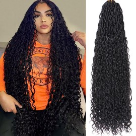 COOKOO 30 Inch Natural Black Faux Locs Crochet Hair for Women 8 Packs Pre Looped Goddess Locs Crochet Hair Boho Crochet Locs with Curly Ends Bohemian River Locs Crochet Synthetic Hair Extentions 1B#