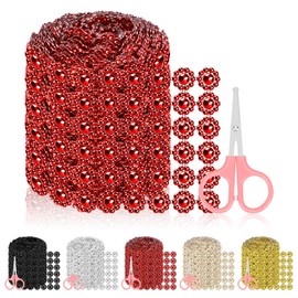 Glarks 3pcs Red Flower Rhinestone Ribbon Set, 98mm x 3 Yards 6 Rows Plastic Rhinestone Mesh Fabric with 2pcs Tools, Bling Rhinestone Ribbon, Sparkling Bling Wrap Ribbon for Arts Crafts Party Decoration