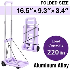 Japard Travel Cart with Wheels, Folding Hand Truck, Aluminum Small Carrying Cart for Hand Luggage, Backpack Mini Trolley Loadable 222lbs Gift Purple