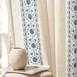 jinchan Weslie Boho Curtains for Bedroom Blue Vintage Floral Farmhouse Curtains 84 Inches Long Linen Drapes for Living Room Embroidered Light Filtering Drapes Rod Pocket Blue on Beige 2 Panels
