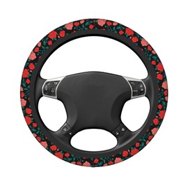 Funda de volante de hojas verdes con diseño de flor de rosa roja para mujeres, hombres y niñas, accesorios de automóvil, decoración antideslizante, de neopreno, para volante de automóvil, protector universal de 15 pulgadas