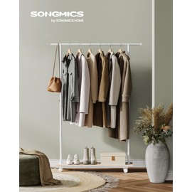 SONGMICS Clothes Rack with Wheels, Clothing Rack for Hanging Clothes, 38.8 Inches Metal Garment Rack with Shelf, Loads up to 110 lb, for Bedroom, Closet, Natural Beige and Cloud White UHSR151W01