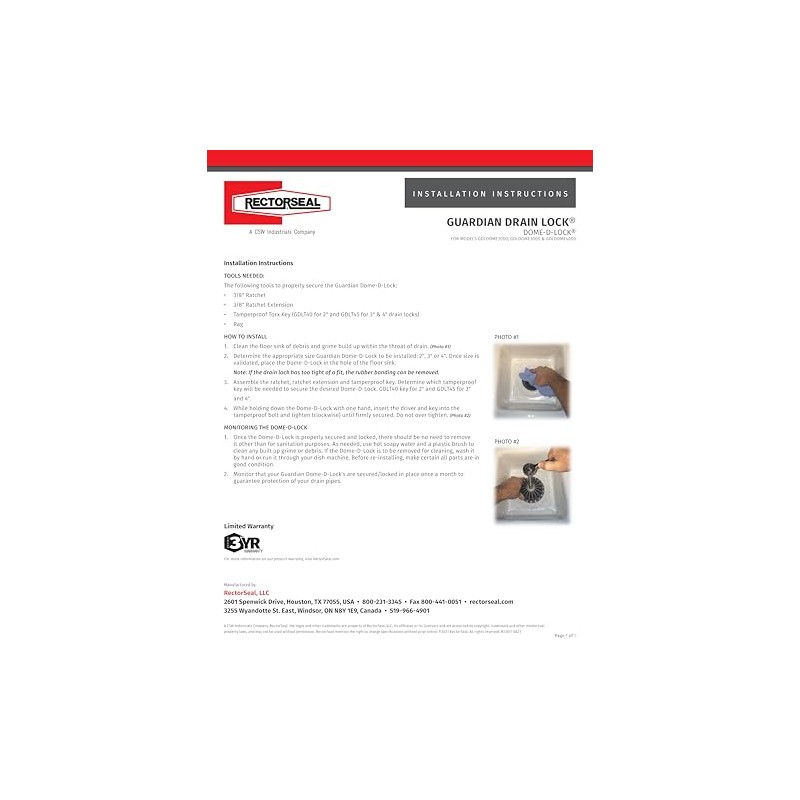 RectorSeal Guardian Drain Lock GDLDOME3000 Dome-D-Lock Commercial Floor Sink Locking