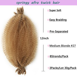12inch Springy Afro Twist Hair 3 Packs Pre-Separated Braiding Hair Marley Twist Hair for Soft Faux Locs Medium Blonde Spring Twist Hair Kinky Twist Crochet Hair for Women (12 Inch (Pack of 3), 27)