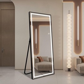 H & A Full Length Mirror with Lights, 65x22''LED Lighted Floor Mirrors Black Frame, Full Body Dressing Hanging Dimmable & 3 Color Modes Floor Standing Mirror