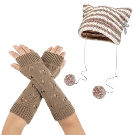 Crochet Hats Cat Beanie with Gloves for Women Girls Accessories Goth Grunge Crochet Knitted Arm Warmers Slouchy Beanies Khaki Beige