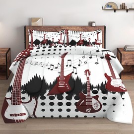 WeCozy Twin Size Comforter Set with Pillowcase, Guitar Rock Music 2 Pcs Bedding for Kids and Adults, Floral Musical Play Soft Comforter Set for Bedroom Bed Decor