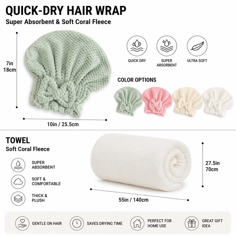 Hair Wrap Towel Set - Hair Towel Cap - Coral