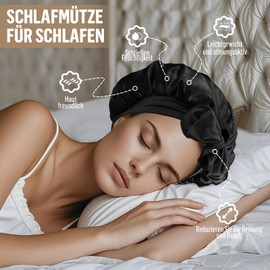 Galsangflower Satin Sleep Cap Double Layer for Women - Silk Bonnet with Hair Protection, Silk Hood for Sleeping, Breathable & Non-Slip for Curls & Long Hair, black, Unit size