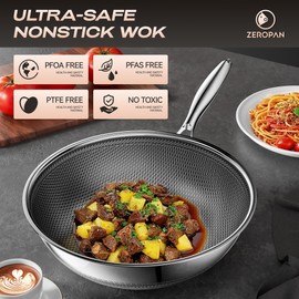 ZEROPAN Wok Pan Hybrid 12-Inch Wok with Lid,Nonstick Stainless Steel Woks & Stir-fry pans,Dishwasher-Fri endly, Oven-Safe Up to 500°F,Compatible with All Cooktops