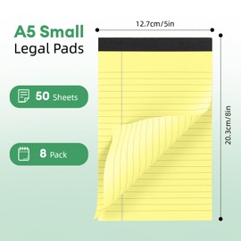 8 Packs Note Pads, A5 Legal Pad, 50 Sheets Ruled Refill Pad, Double-Sided Printing Writing Paper A5 Lined Paper, Writing Notepads for School, Home, Office, 12.7 x 20.3cm/5 x 8in, Yellow