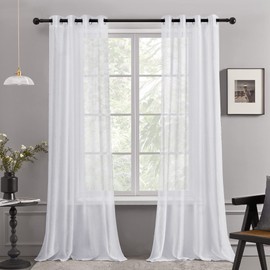 Deconovo Linen Effect Transparent Curtains, White, 175x140