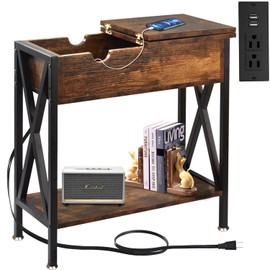 TooCust End Tables Living Room with Charging Station, 12" D x 24" W x 24" H, Flip Top Side Table with USB Ports and Outlets, Couch End Tables, Narrow End Table with 5.5" Deep Drawer