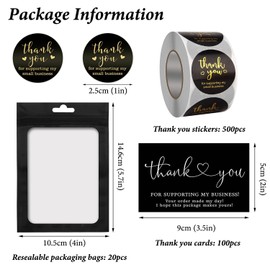 620-Piece Thank You Cards and Stickers Set for Supporting My Small Business with Resealable Packaging Bag – Retail Store Package Supplies for Business Owners and Sellers (Black)