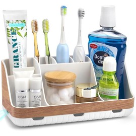 Bathroom Organizers and Storage - Detachable 7 Slots Kids Electric Toothbrush and Toothpaste Holde Drainage for Bathroom Accessories Organization Counter Vanity Storage, Wood - Color: Wood