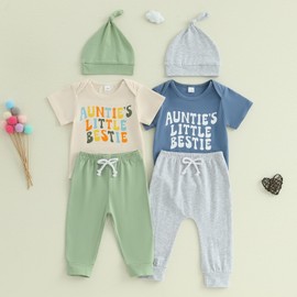 Aunties Bestie Baby Clothes Gender Neutral Unisex Funny Letter Bodysuit Romper Solid Leggings Pants Hat 3Pcs Outfits (W Blue, 0-3 Months)