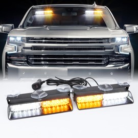 OPPBUY Strobe Light for Trucks,Amber White Emergency Dash Windshield with 26 Flashing Modes& Suction Cups,Plug and Play LED Beacon Strobe Traffic Advisor Light for Truck Vehicle-2 Pack