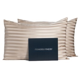 Fishers Finery 25mm 100% Pure Mulberry Silk Pillowcase Set (Taupe Stripe King 2 Pack)