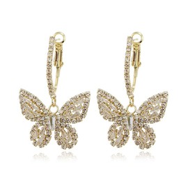 Fanquility Crystal Butterfly Drop Dangle Earrings Chic Round Circle Open Earrings Tiny Cute Sparkly Rhinestone Drop Hoop Earrings Jewelry Gift for Women (Gold)