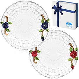 BTaT- Dessert Plates, 6 Inch, Set of 2, Glass Dessert Plates with Blue and Red Flowers and Gift Box, Round Glass Plate, Glass Dessert Plates, Glass Saucer, Glass Round Plate, Dessert Saucer