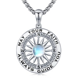 Brisskaari May Your Faith Always Guide You Compass Necklace 925 Sterling Silver Moonstone Nautical Compass Medallion Pendant Dainty Jewelry Gift for Women