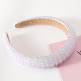 Gmmidea Beaded Rhinestone Headband for Women Girls Fashion Sparkly Crystal Headband Bling Thick Padded Headband Fancy Jeweled Hair Band Festival Hair Accessories B-(Pink & White)