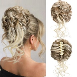 QIAORUIXIN Messy Bun Hair Piece for Women, Wavy Curly Clip-in Fake Hair Bun Extension, Natural Synthetic Looking Tousled Updo Clip in Ponytail Extension for Party, Wedding & Daily Use