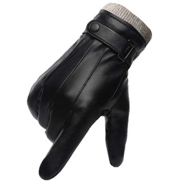 Winter Gloves Men's Leather Warm Thick Fleece Windproof Cold Protection Thermal Mittens Non-Slip Touch Sensitive Screen for Outdoor Driving Camping PU Leather (10 1/2), black