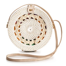 Rattan Bags for Women - Handmade Wicker Woven Purse Handbag Circle Boho Bag Bali (White Pattern)