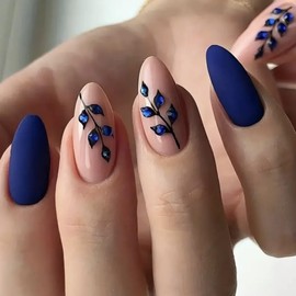 Almond Shaped Press on Nails Short Medium Fake Nails Matte Acrylic Dark Blue Leaves False Nails with Diamonds Designs Summer False Nails Reusable Glue on Nails for Women Manicure 24Pcs