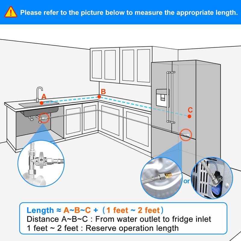 Refrigerator Water Line Kit - 15FT Stainless Steel Braided Ice
