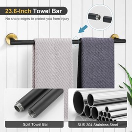 TQKAG Black and Gold Bathroom Hardware Accessories Set 10-Pieces, Premium SUS304 Stainless Steel Bathroom Towel Bar Holder Set 23.6 Inch Round Towel Racks for Bathroom Wall Mounted