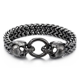 COOLSTEELANDBEYOND Gothic Mens Grey Black Stainless Steel Skull Franco Link Curb Chain Bracelet with Spring Ring Clasp