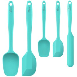 HOTEC 600℉ Heat Resistant BPA-Free Silicone Rubber Spatula Set,Kitchen Cooking Spatulas, Baking, Mixing for Non Stick Cookware, Dishwasher Safe, Set of 5 Aqua Sky