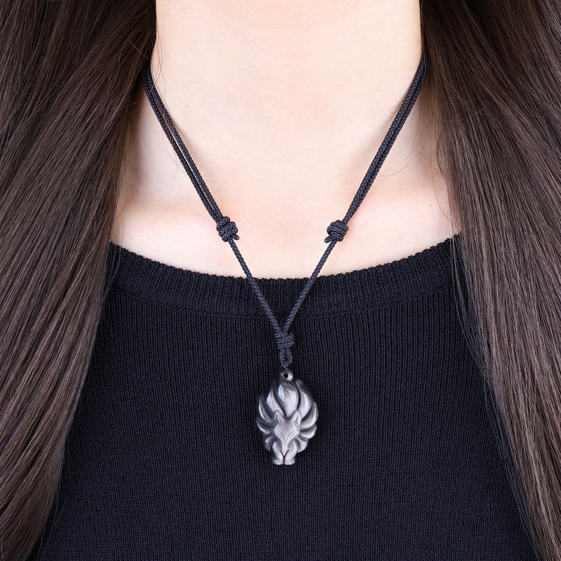 COAI Unisex Necklace with Nine-Tailed Fox Pendant, Nylon Silver Obsidian